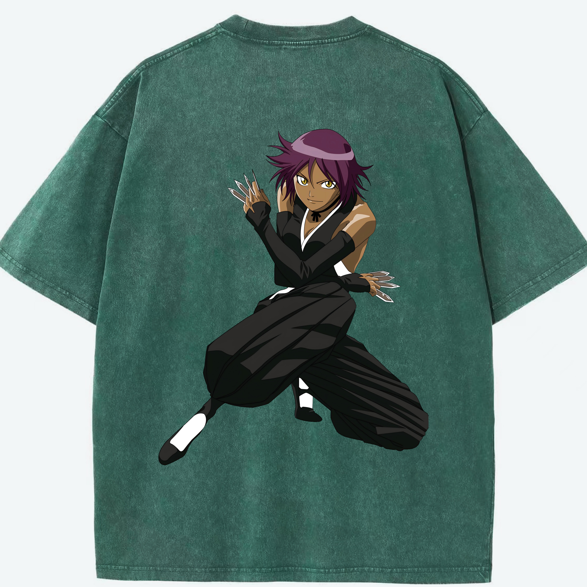 （画像用） ブリーチ 四楓院 夜一（しほういん よるいち） BLEACH Shihouin Yoruichi 綿100% ヴィンテージ風 半袖Tシャツ（背面プリント）